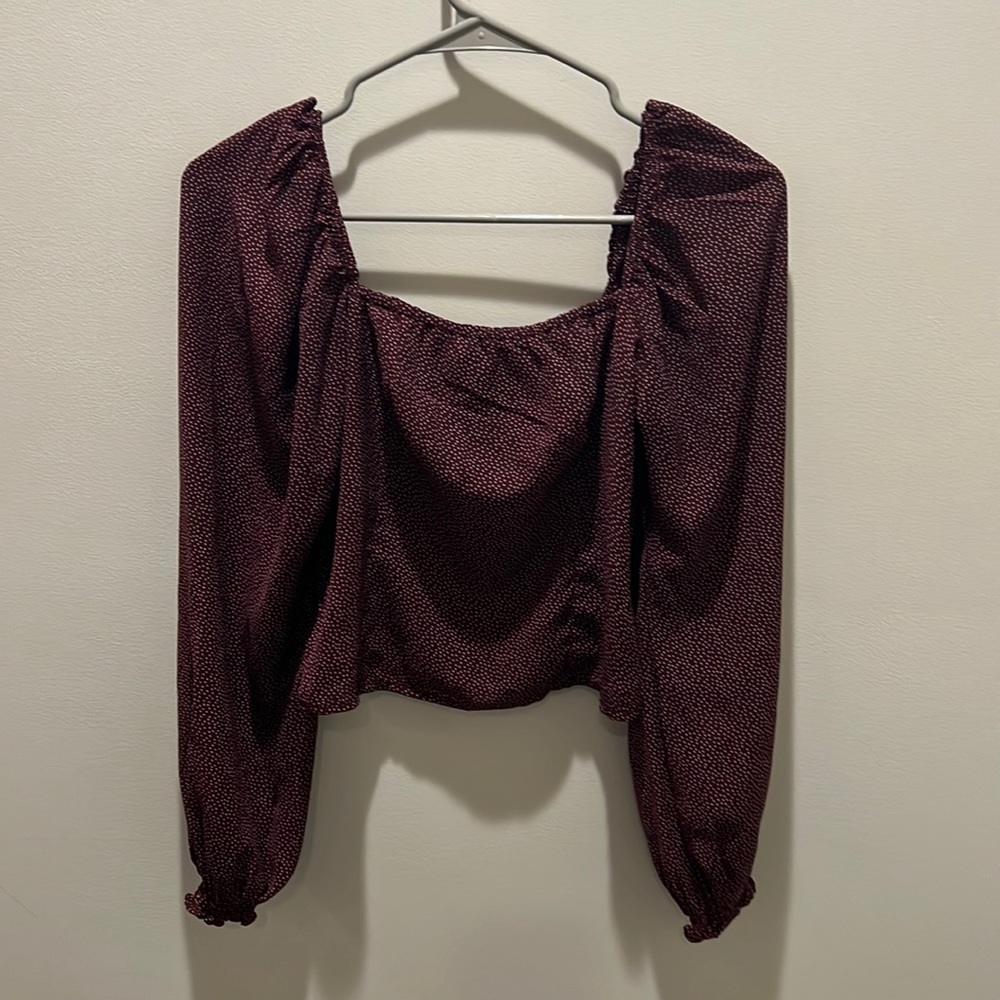 Abercrombie & Fitch Long Sleeve Squareneck Top in Burgundy dot - Size XS
